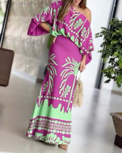 2 Pieces Outfit Tropical Print Lantern Sleeve Cold Shoulder Loose Top And Casual High Waist Fishtail Maxi Skirt Set