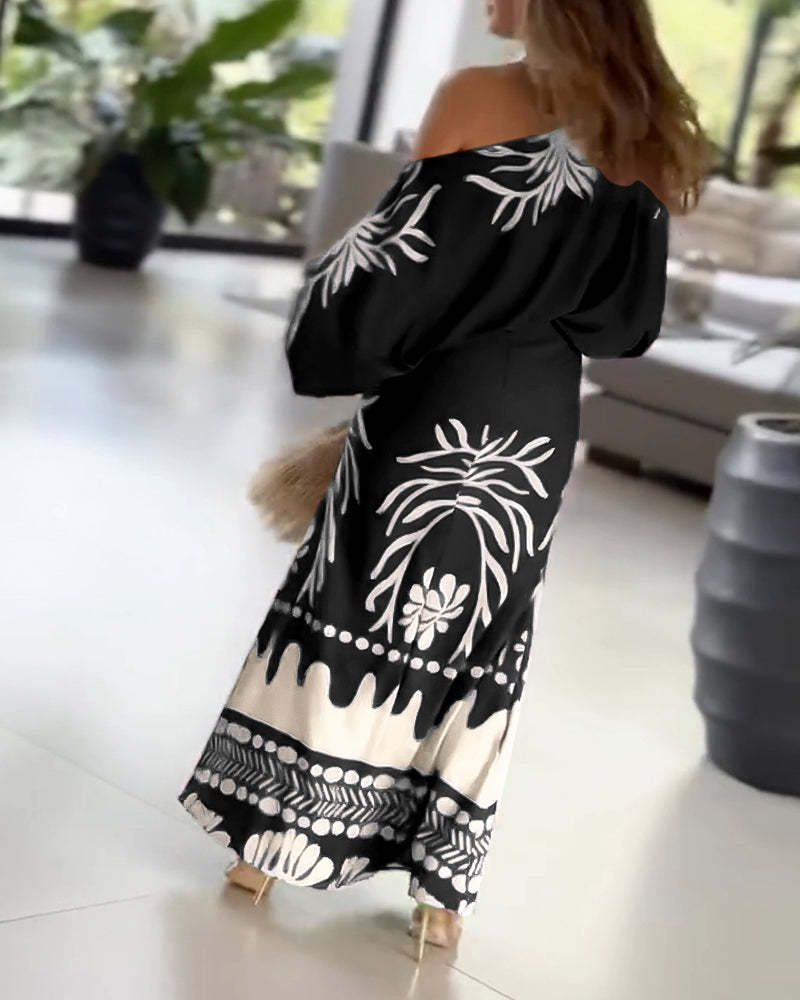 2 Pieces Outfit Tropical Print Lantern Sleeve Cold Shoulder Loose Top And Casual High Waist Fishtail Maxi Skirt Set