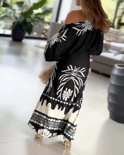 2 Pieces Outfit Tropical Print Lantern Sleeve Cold Shoulder Loose Top And Casual High Waist Fishtail Maxi Skirt Set
