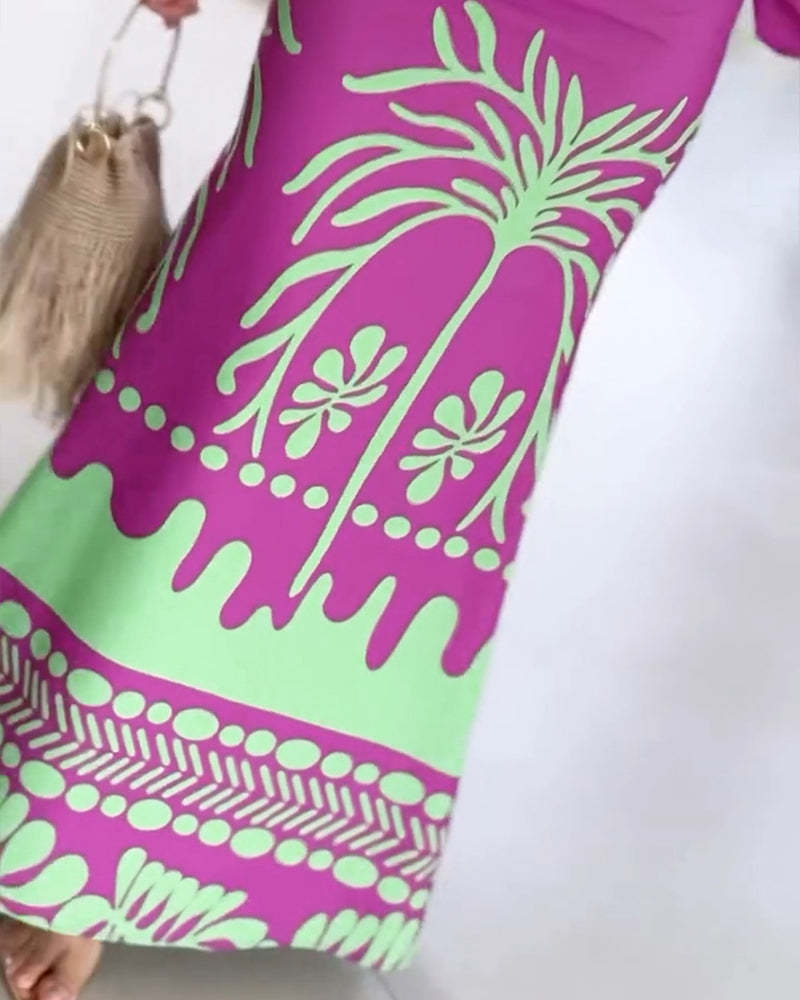 2 Pieces Outfit Tropical Print Lantern Sleeve Cold Shoulder Loose Top And Casual High Waist Fishtail Maxi Skirt Set