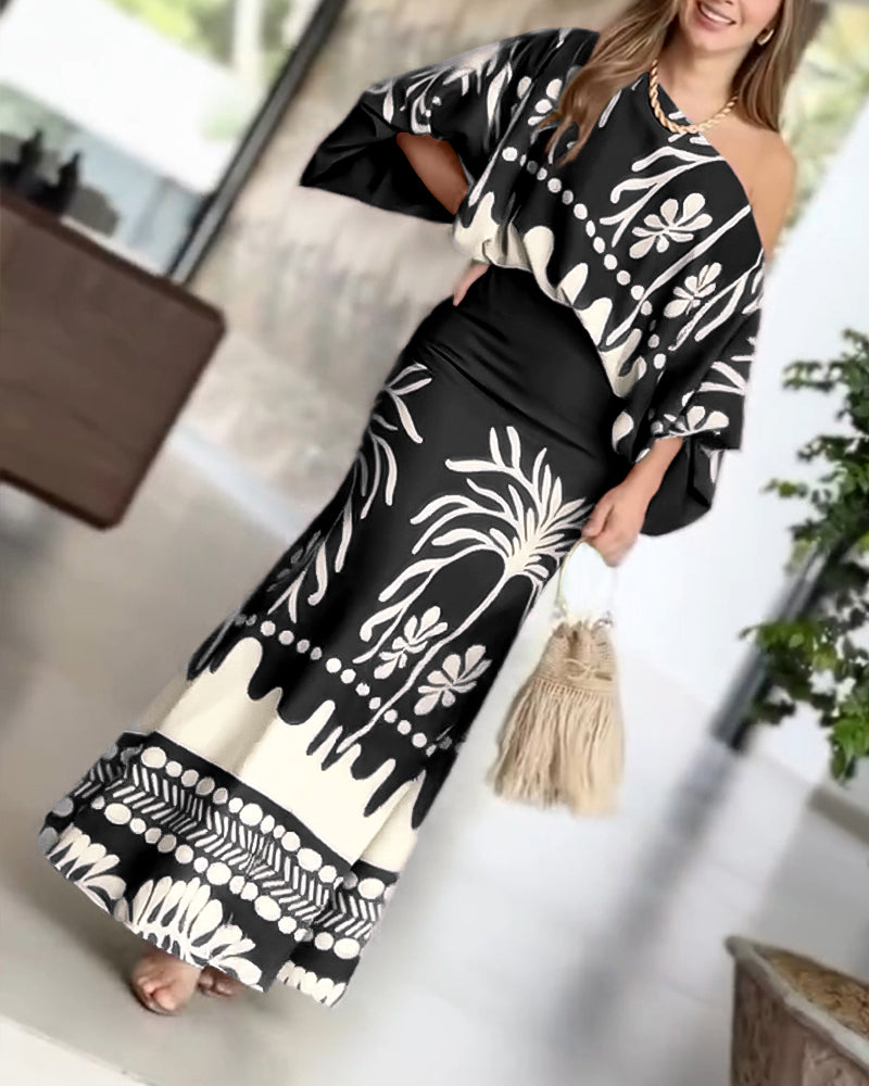 2 Pieces Outfit Tropical Print Lantern Sleeve Cold Shoulder Loose Top And Casual High Waist Fishtail Maxi Skirt Set