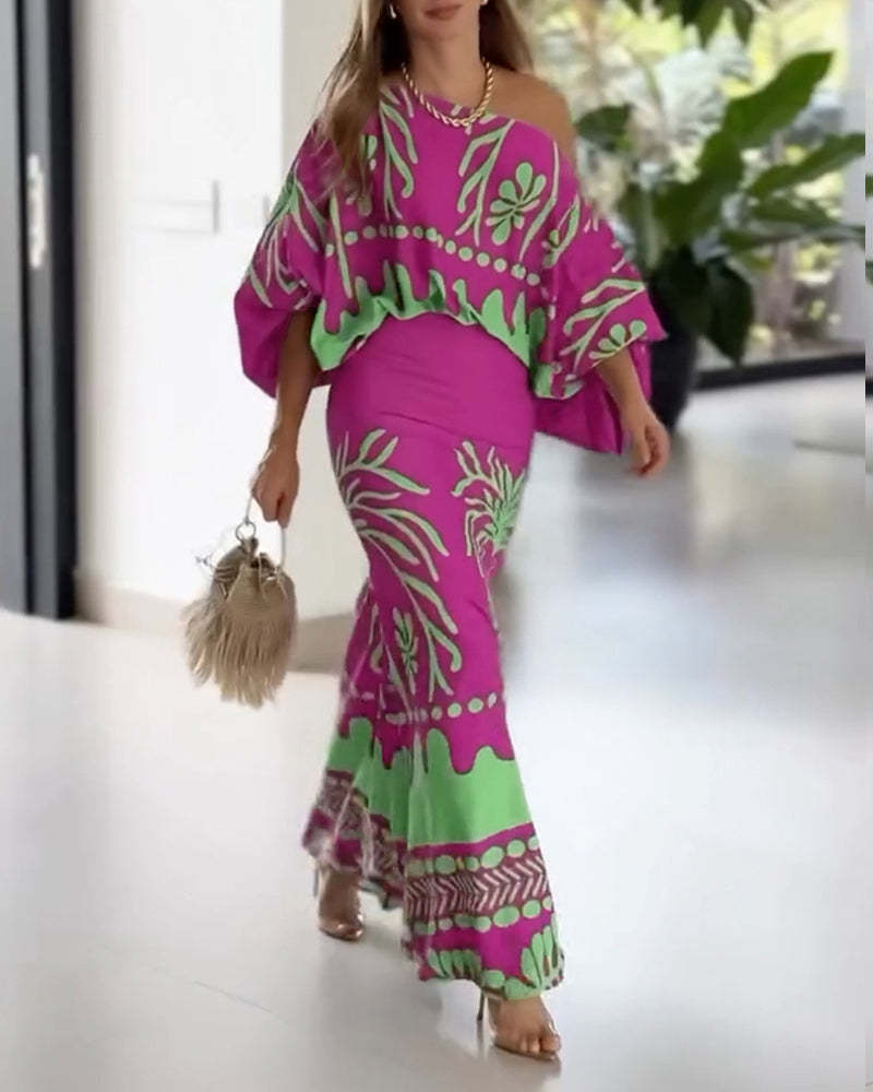 2 Pieces Outfit Tropical Print Lantern Sleeve Cold Shoulder Loose Top And Casual High Waist Fishtail Maxi Skirt Set