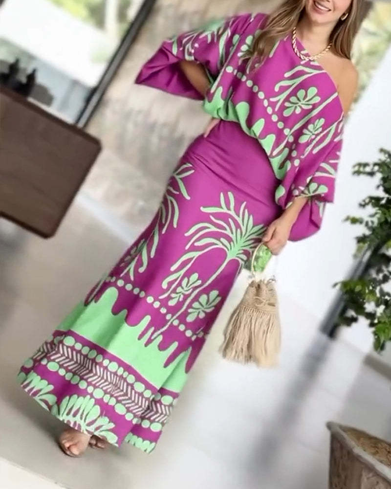 2 Pieces Outfit Tropical Print Lantern Sleeve Cold Shoulder Loose Top And Casual High Waist Fishtail Maxi Skirt Set