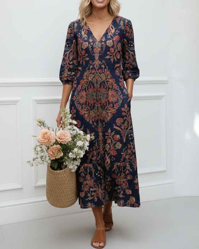 Women's Vintage Flower Art Print Linen Pocket Tunic Dress