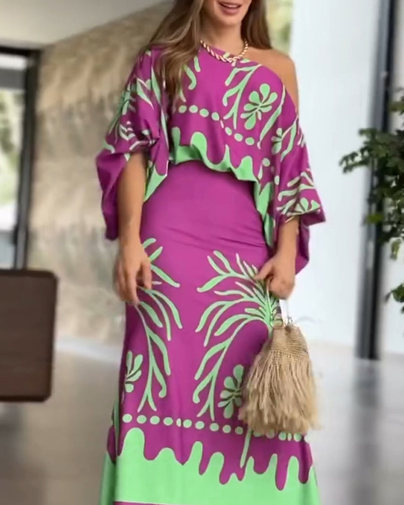2 Pieces Outfit Tropical Print Lantern Sleeve Cold Shoulder Loose Top And Casual High Waist Fishtail Maxi Skirt Set