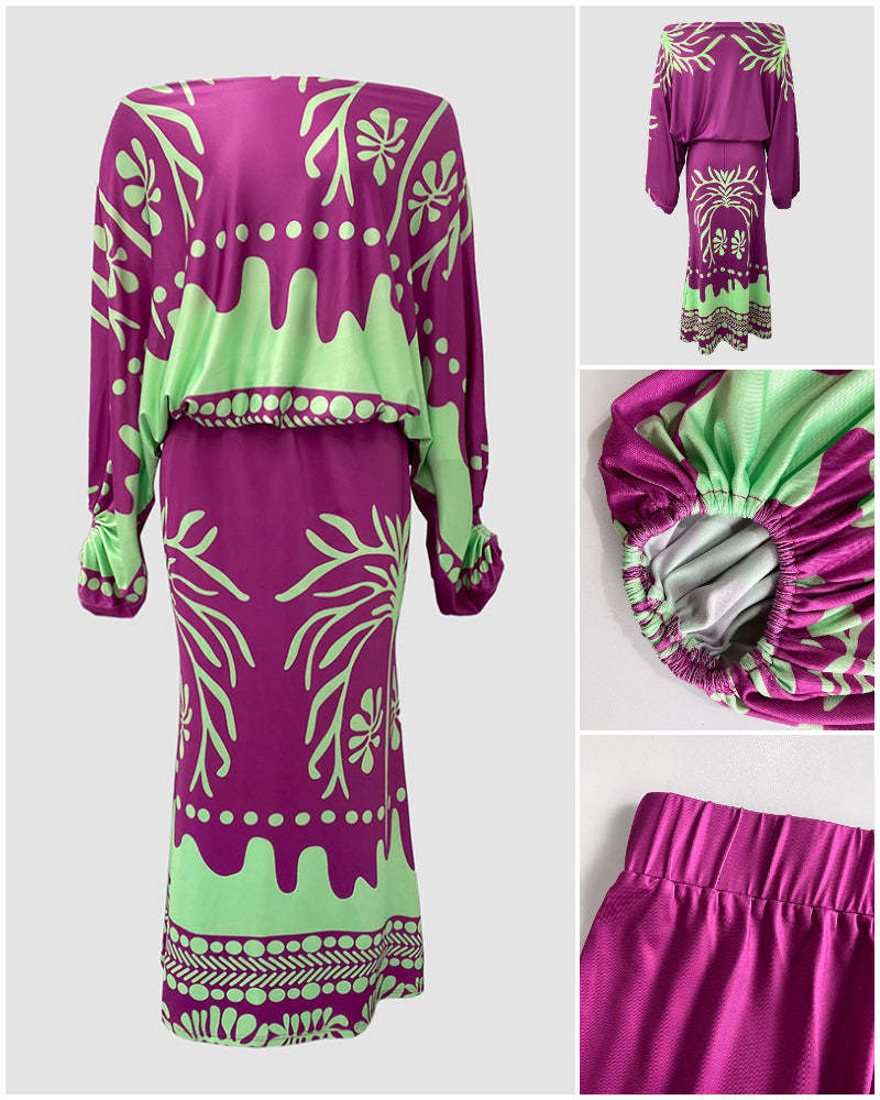 2 Pieces Outfit Tropical Print Lantern Sleeve Cold Shoulder Loose Top And Casual High Waist Fishtail Maxi Skirt Set