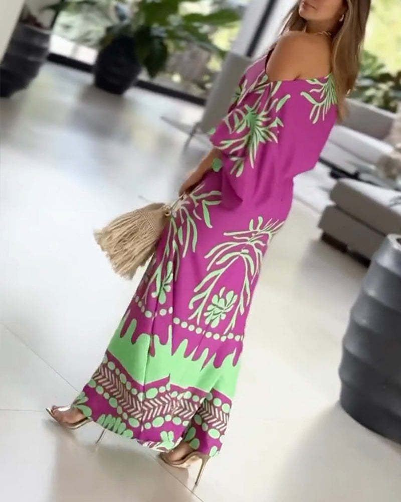 2 Pieces Outfit Tropical Print Lantern Sleeve Cold Shoulder Loose Top And Casual High Waist Fishtail Maxi Skirt Set