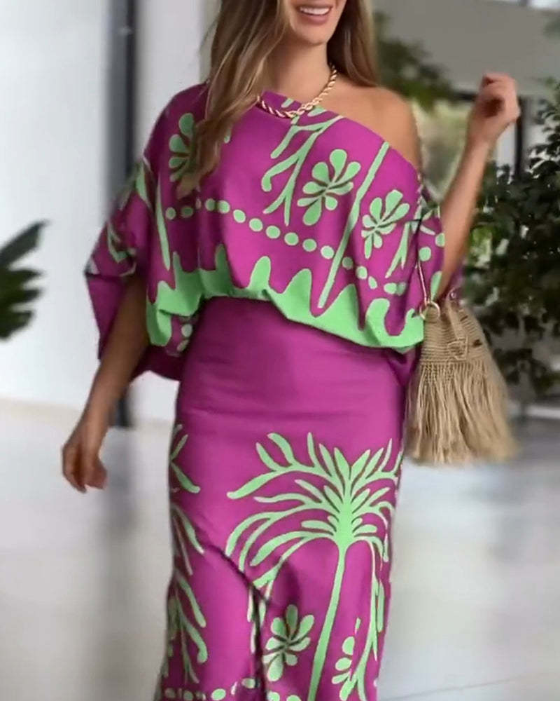 2 Pieces Outfit Tropical Print Lantern Sleeve Cold Shoulder Loose Top And Casual High Waist Fishtail Maxi Skirt Set