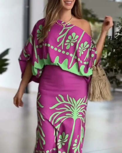 2 Pieces Outfit Tropical Print Lantern Sleeve Cold Shoulder Loose Top And Casual High Waist Fishtail Maxi Skirt Set