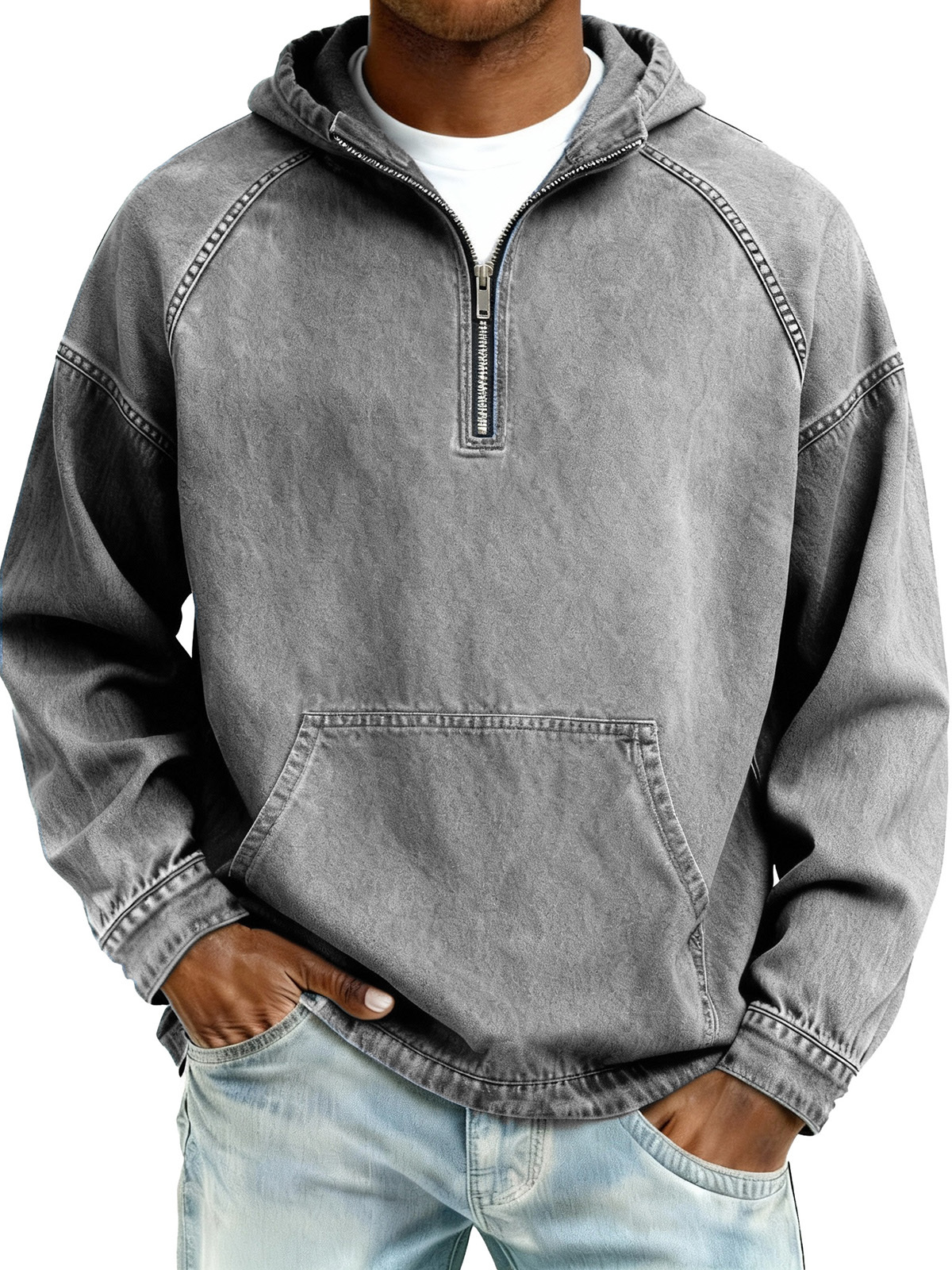 Men's Retro Fashion Distressed Raglan Sleeve Pocket Hooded Sweatshirt