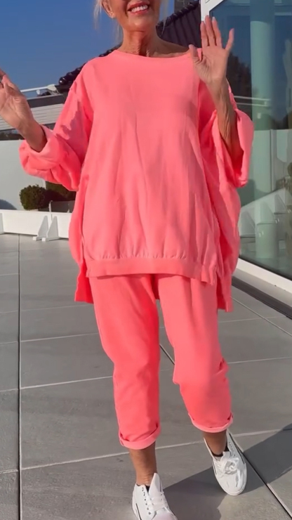 Women's Round Neck Slit Fluorescent Color Casual Suit