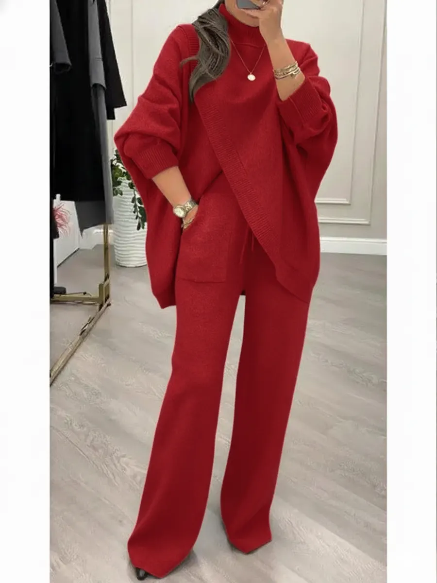 Women's Crossover Turtleneck Sweater And Trousers Two-piece Set