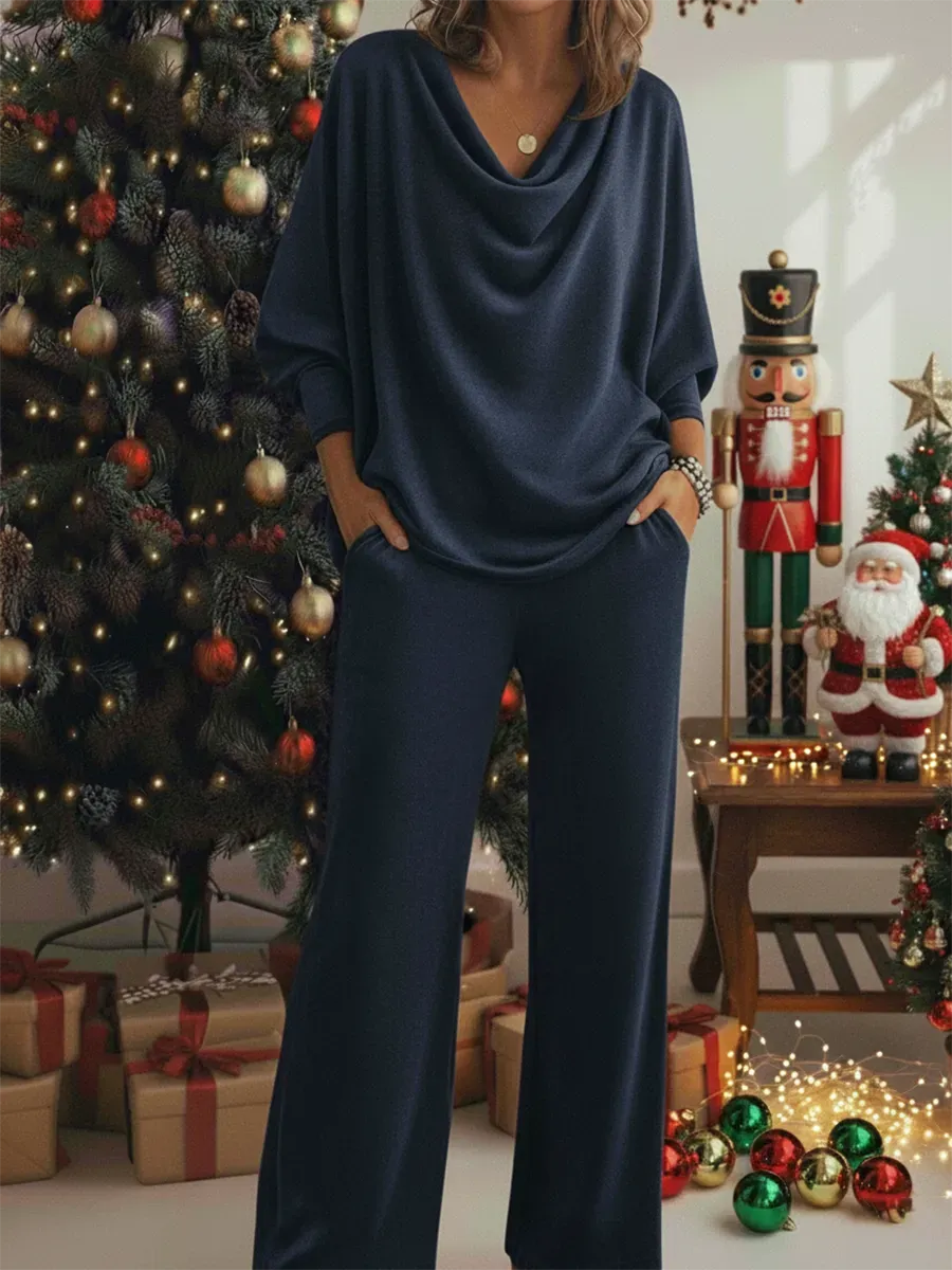Christmas Cozy Velvet Cowl Collar Top And Pants Two-piece Set