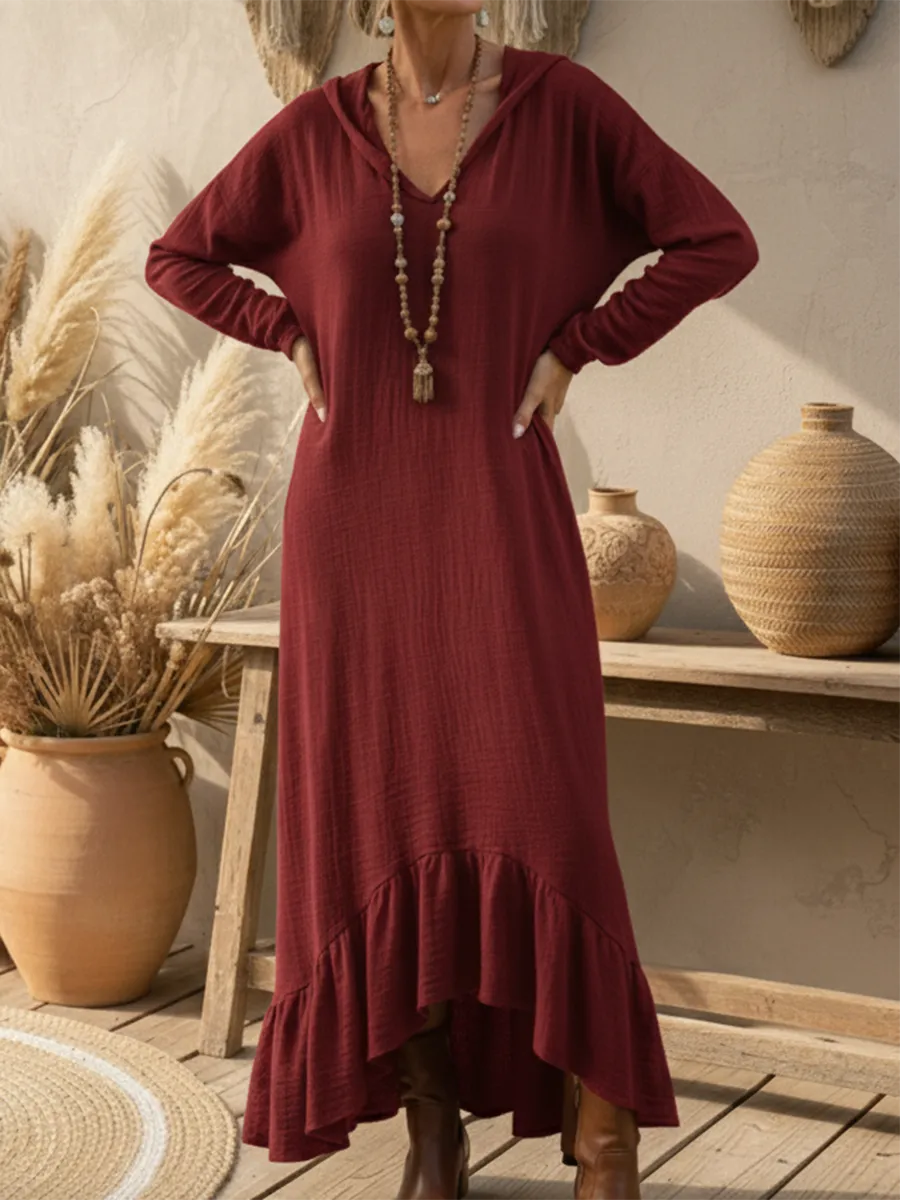 Boho Casual Loose-fitting Hooded Ruffled Hem Linen Dress