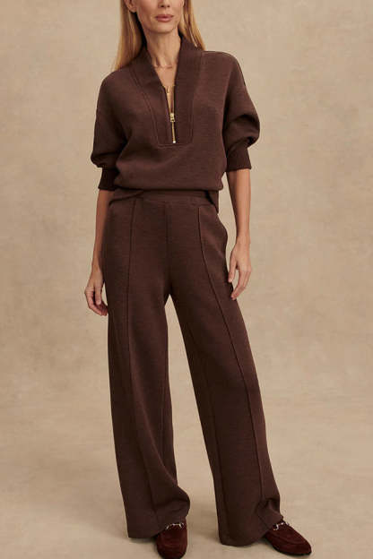 Meet The Autumn Ribbed Zipper Neck Sweatshirt and Elastic Waist Pocketed Loose Pants Set