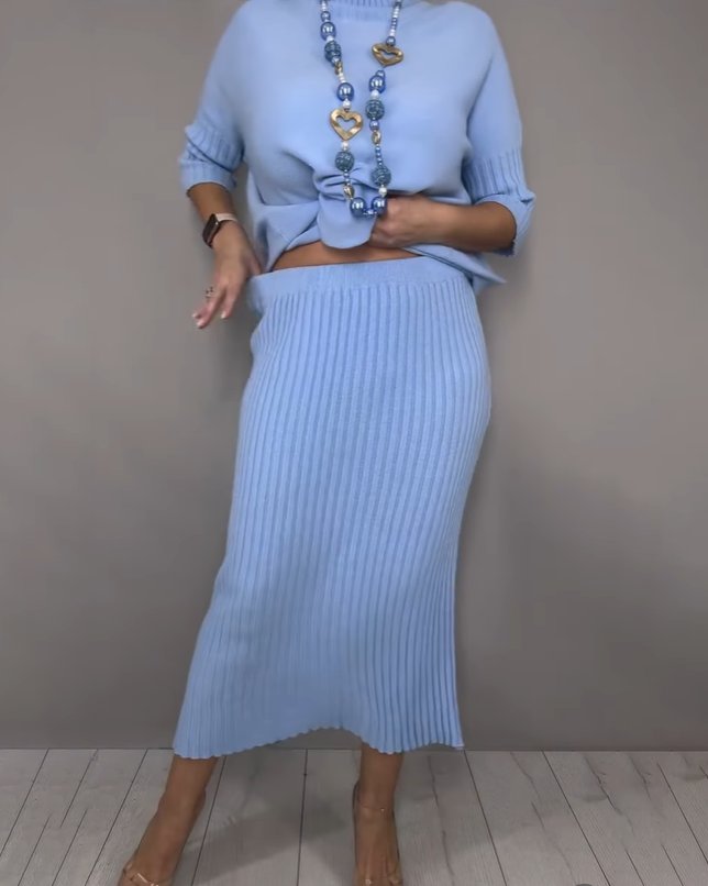 Elegant Knitted Turtleneck Sweater And Skirt Two-piece Set