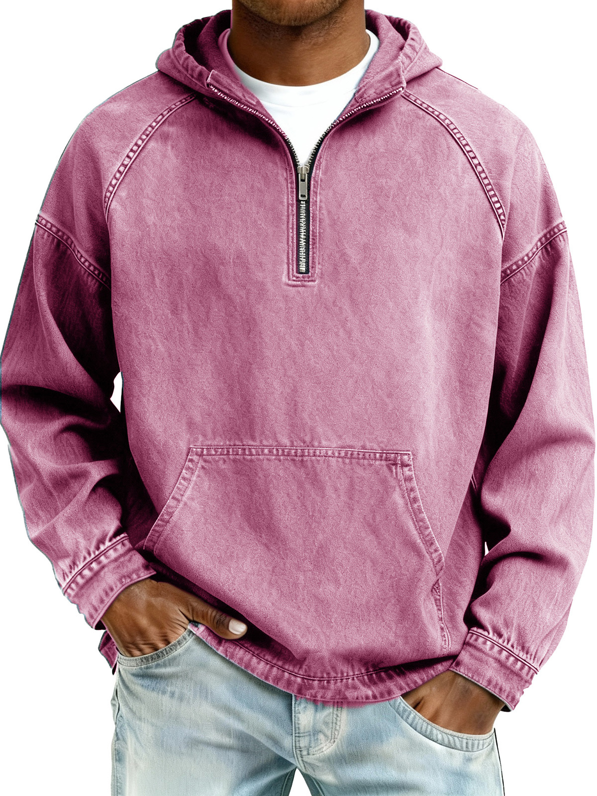 Men's Retro Fashion Distressed Raglan Sleeve Pocket Hooded Sweatshirt