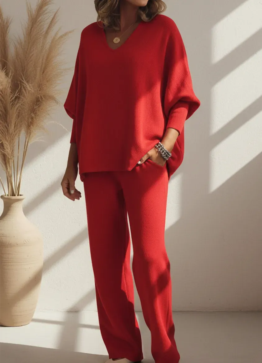 Cozy Solid Color V-neck Knit Top And Pants Two-piece Set