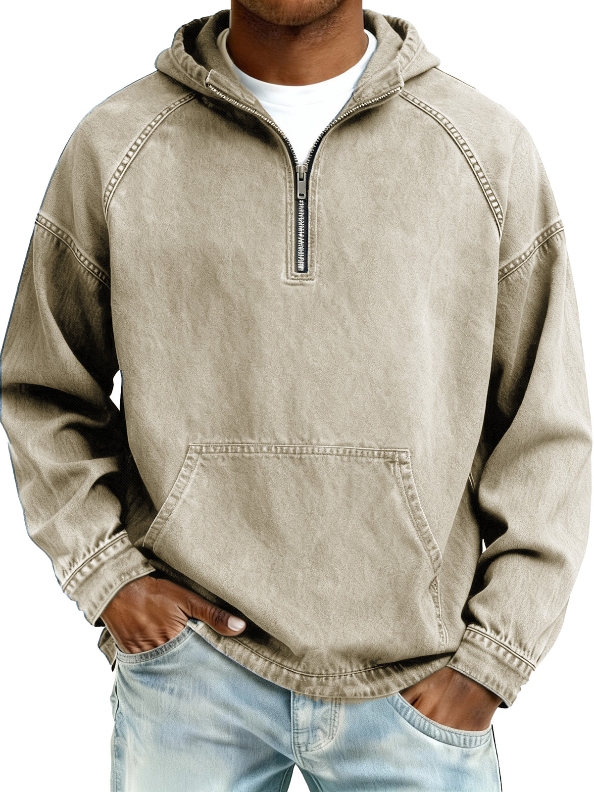 Men's Retro Fashion Distressed Raglan Sleeve Pocket Hooded Sweatshirt