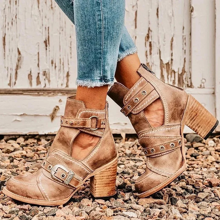 Retro Block Heel Ankle Boots Ankle Strap Buckle Boots For Women Vintage Chunky Boots