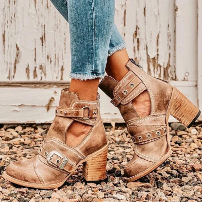 Retro Block Heel Ankle Boots Ankle Strap Buckle Boots For Women Vintage Chunky Boots