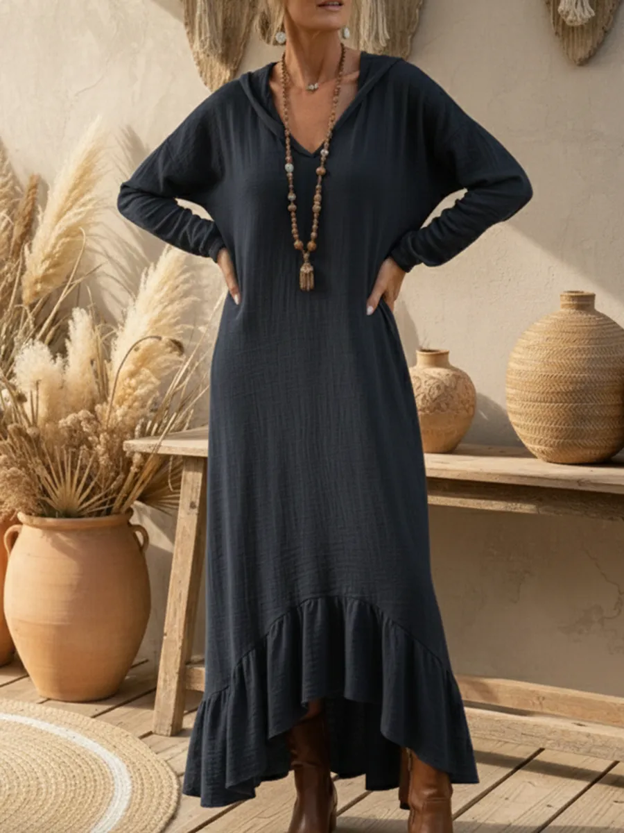 Boho Casual Loose-fitting Hooded Ruffled Hem Linen Dress