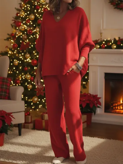 Cozy Solid Color V-neck Knit Top And Pants Two-piece Set