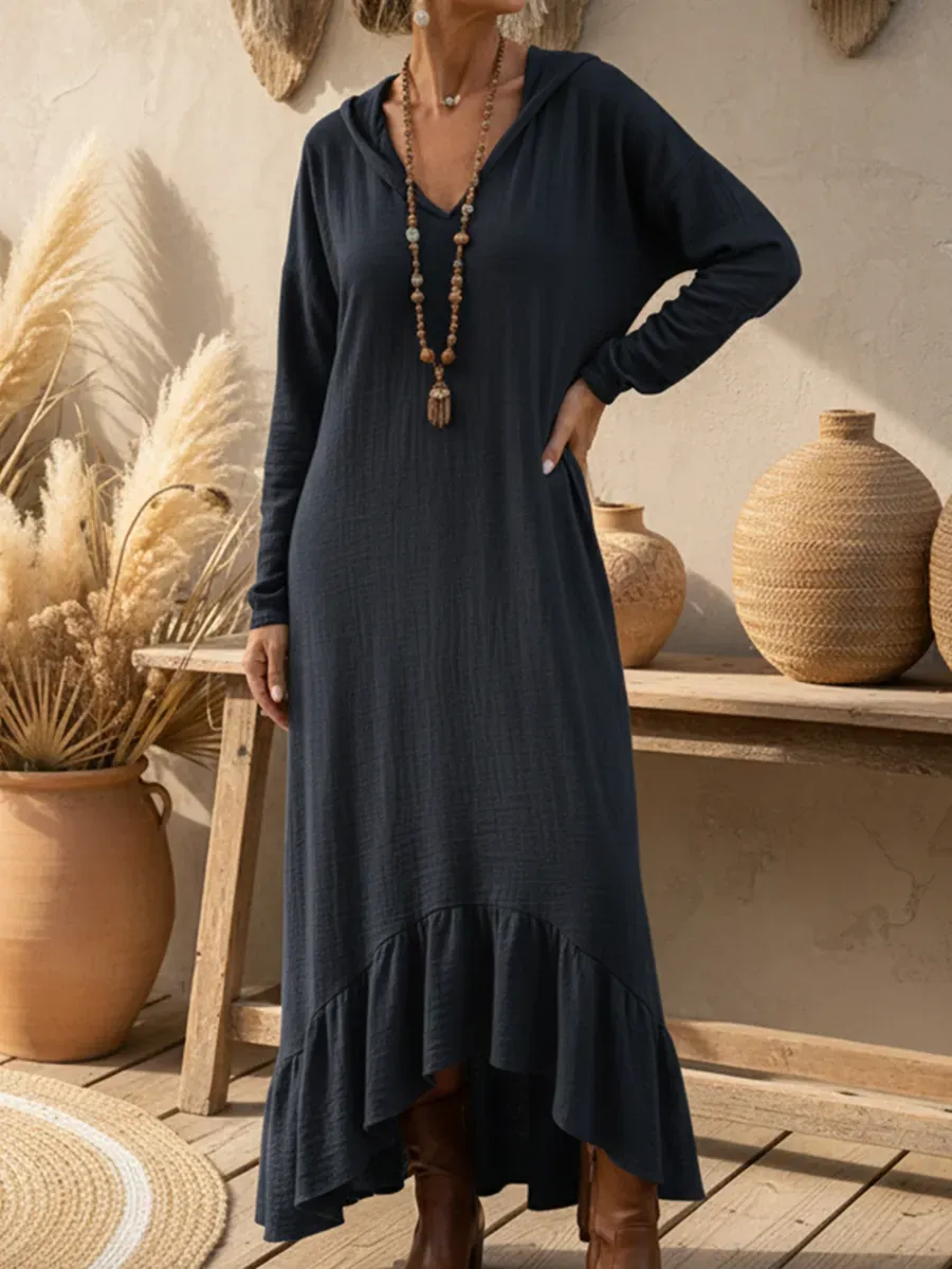 Boho Casual Loose-fitting Hooded Ruffled Hem Linen Dress