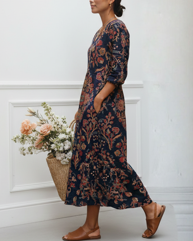 Women's Vintage Flower Art Print Linen Pocket Tunic Dress