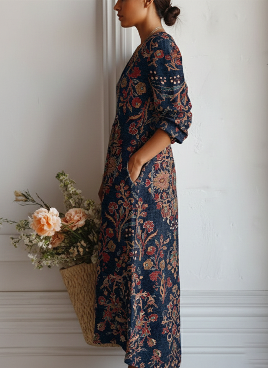 Women's Vintage Flower Art Print Linen Pocket Tunic Dress