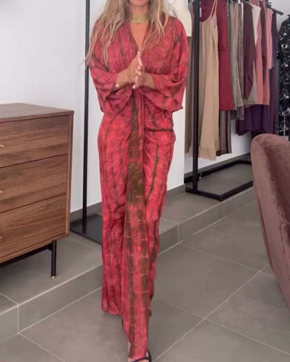 Unique Printed V-Neck High-Waisted Loose-Fitting Holiday Maxi Dress