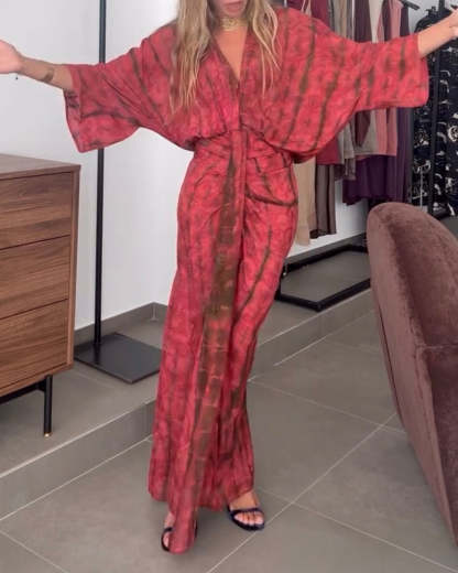 Unique Printed V-Neck High-Waisted Loose-Fitting Holiday Maxi Dress