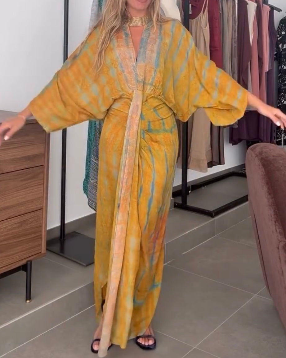 Unique Printed V-Neck High-Waisted Loose-Fitting Holiday Maxi Dress