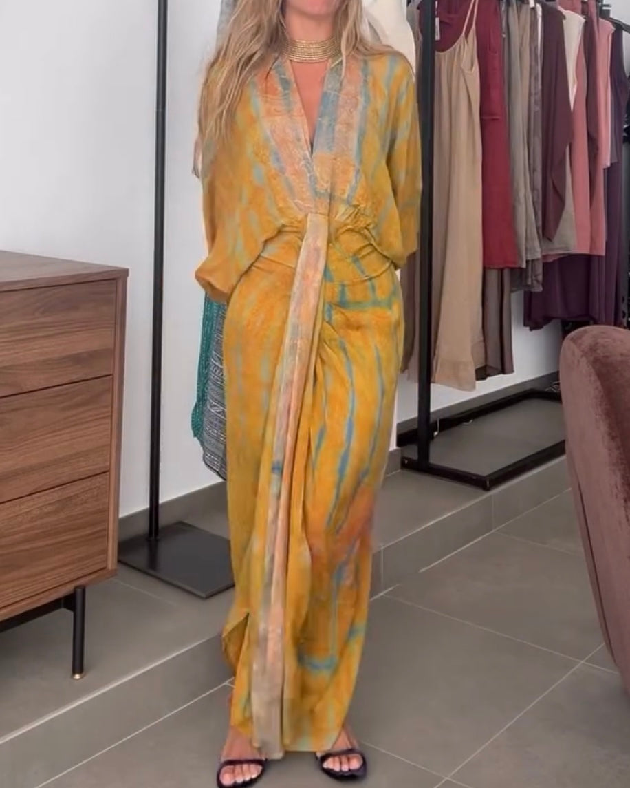 Unique Printed V-Neck High-Waisted Loose-Fitting Holiday Maxi Dress