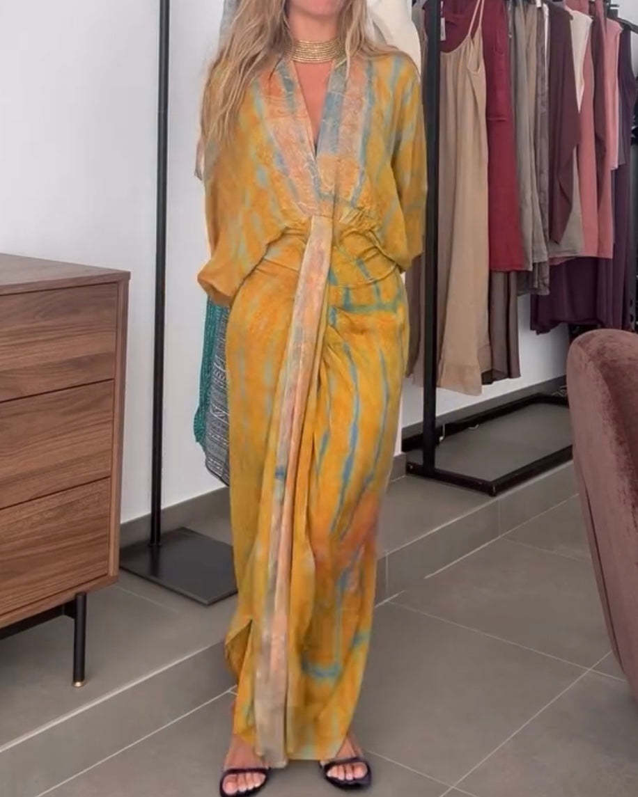 Unique Printed V-Neck High-Waisted Loose-Fitting Holiday Maxi Dress