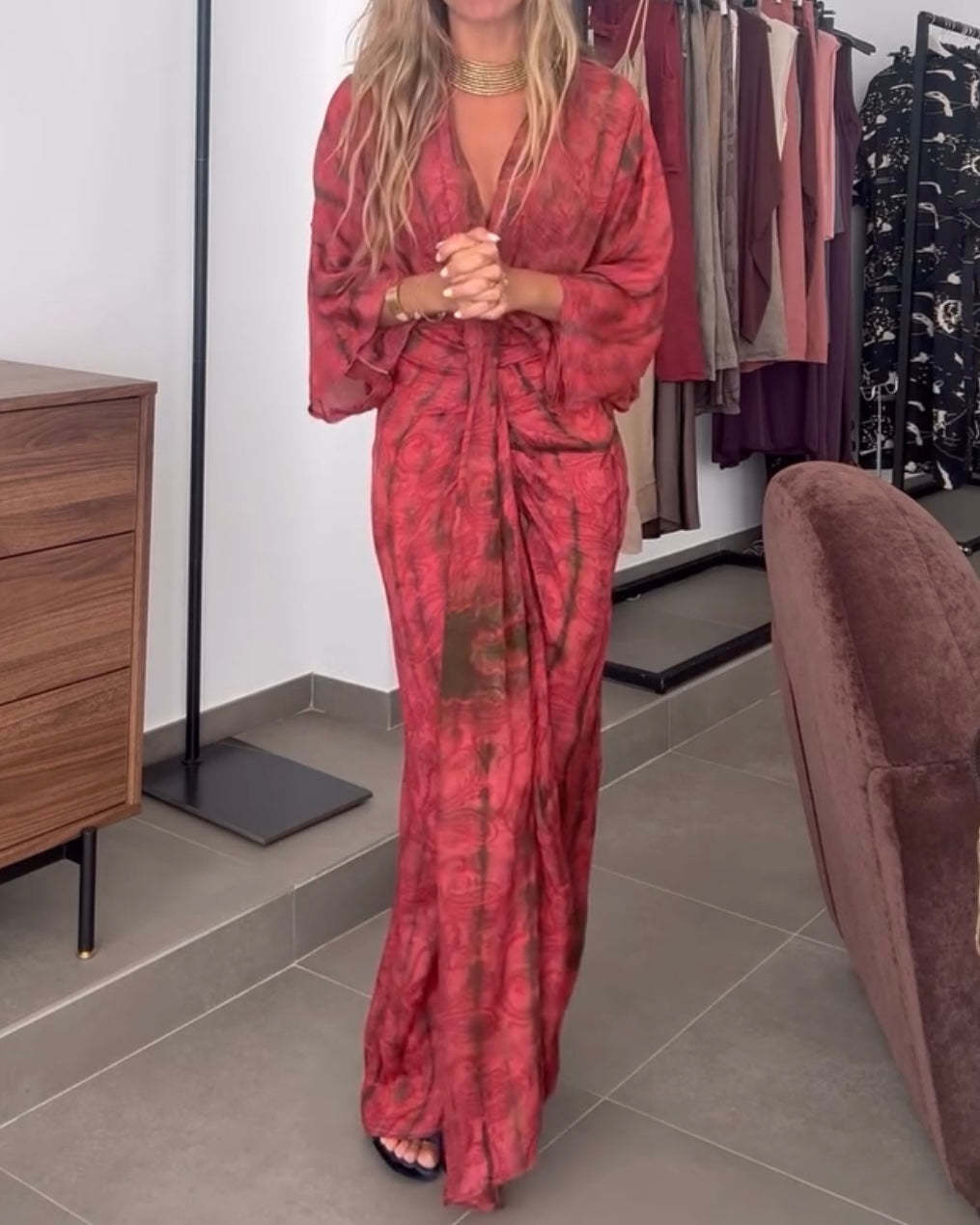 Unique Printed V-Neck High-Waisted Loose-Fitting Holiday Maxi Dress