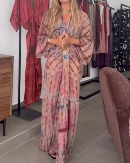 Unique Printed V-Neck High-Waisted Loose-Fitting Holiday Maxi Dress