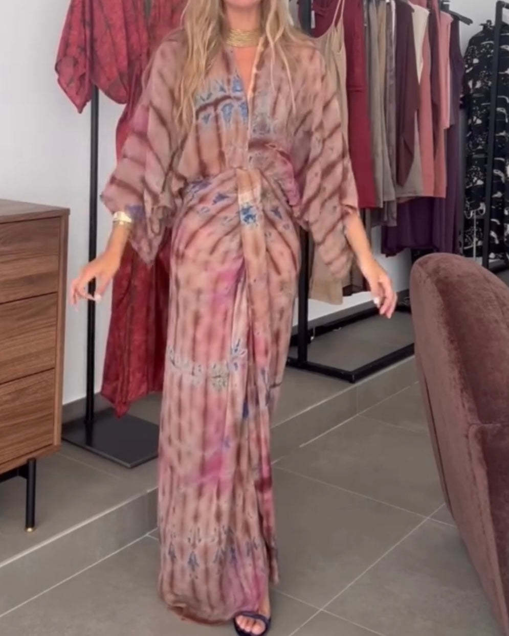 Unique Printed V-Neck High-Waisted Loose-Fitting Holiday Maxi Dress