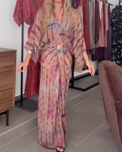 Unique Printed V-Neck High-Waisted Loose-Fitting Holiday Maxi Dress