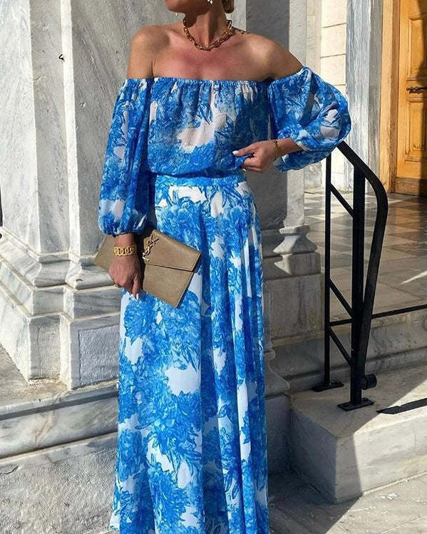 Sexy Print Flowers Patchwork Off the Shoulder A Line Dresses