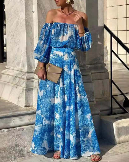 Sexy Print Flowers Patchwork Off the Shoulder A Line Dresses