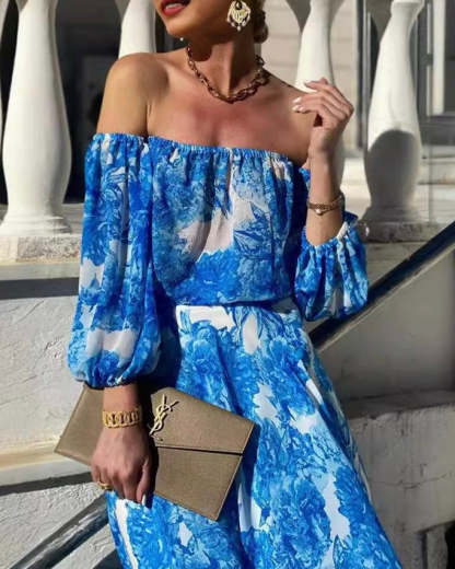 Sexy Print Flowers Patchwork Off the Shoulder A Line Dresses