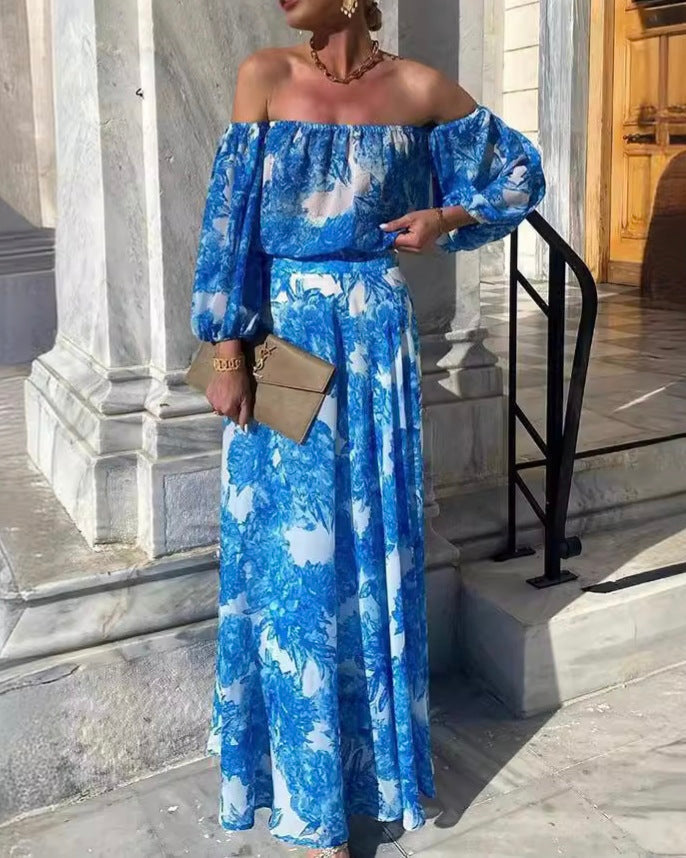 Sexy Print Flowers Patchwork Off the Shoulder A Line Dresses