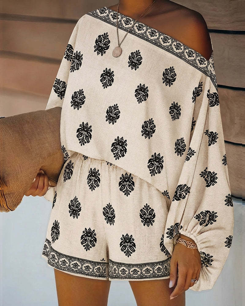 2 Pieces Outfit Boho Skew Neck Lantern Sleeve Top and Elastic Waist Shorts Set Casual Vintage Baroque Placement Print Vacation Set