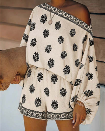 2 Pieces Outfit Boho Skew Neck Lantern Sleeve Top and Elastic Waist Shorts Set Casual Vintage Baroque Placement Print Vacation Set