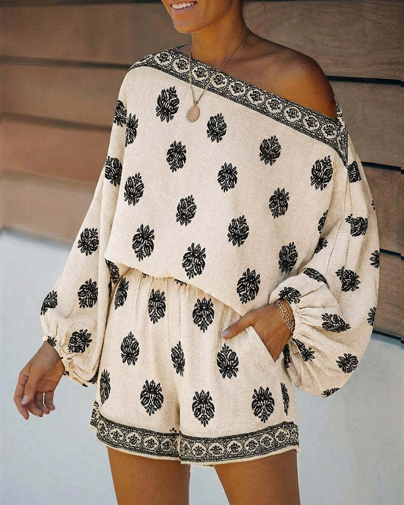 2 Pieces Outfit Boho Skew Neck Lantern Sleeve Top and Elastic Waist Shorts Set Casual Vintage Baroque Placement Print Vacation Set