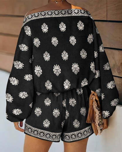 2 Pieces Outfit Boho Skew Neck Lantern Sleeve Top and Elastic Waist Shorts Set Casual Vintage Baroque Placement Print Vacation Set