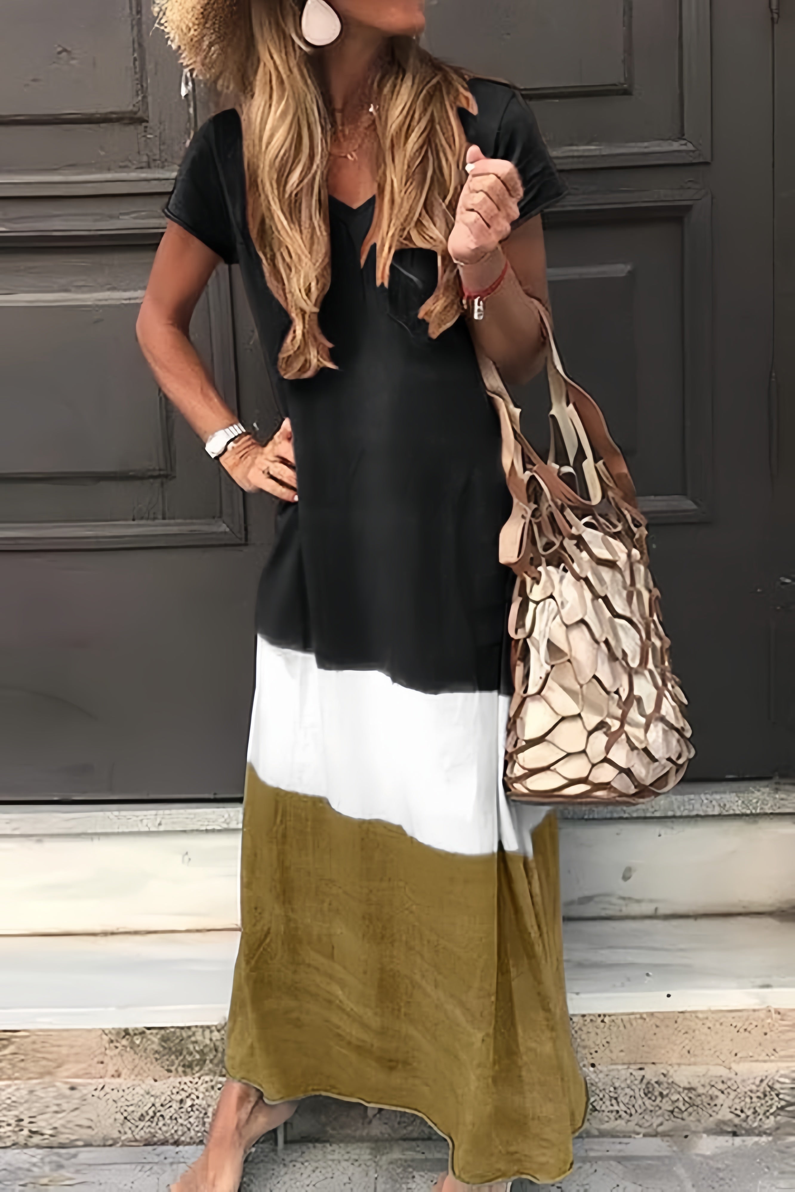  Women V Neck Short Sleeve Maxi Dress