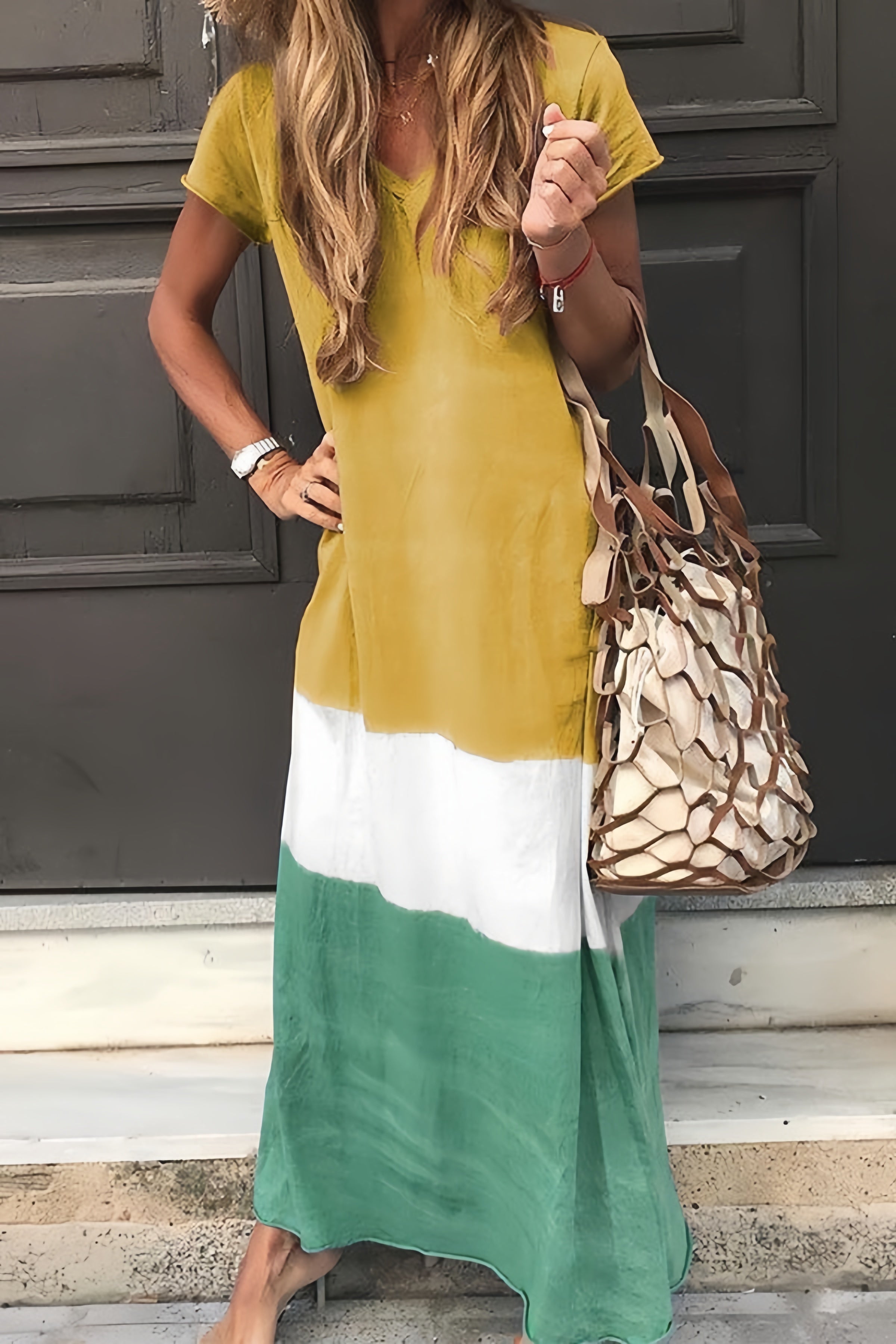  Women V Neck Short Sleeve Maxi Dress