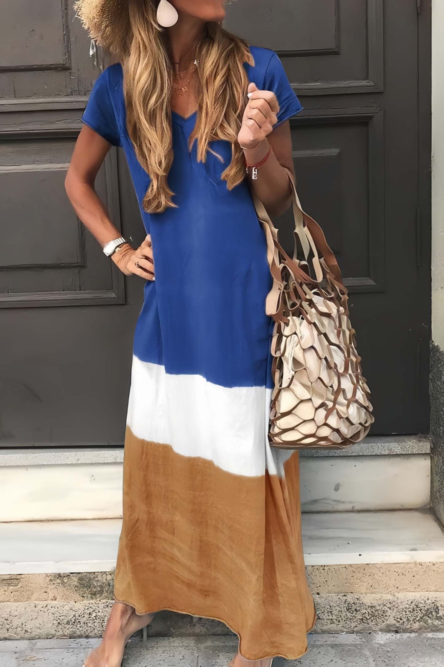  Women V Neck Short Sleeve Maxi Dress